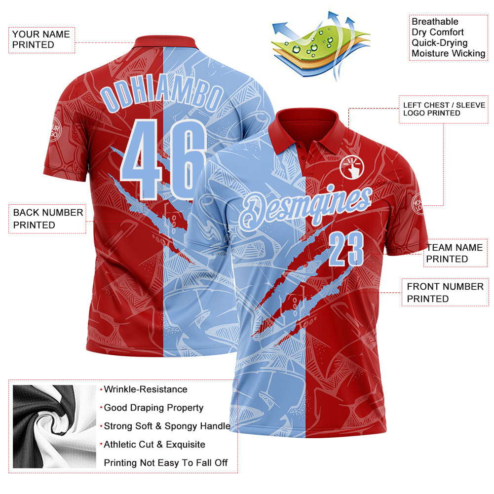 Custom Graffiti Pattern Light Blue Red-White 3D Scratch Performance Polo Shirt view 3