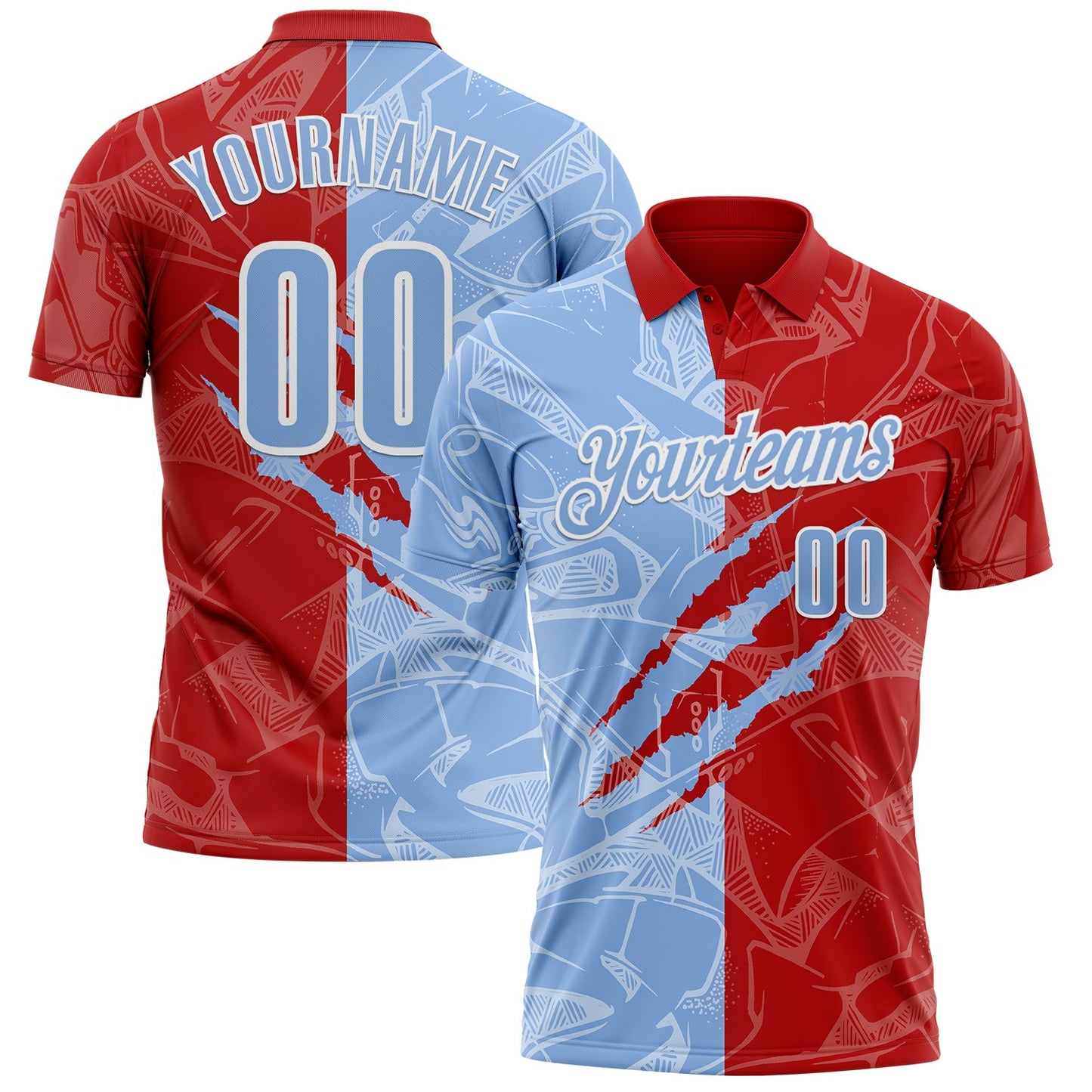 Custom Graffiti Pattern Light Blue Red-White 3D Scratch Performance Polo Shirt - Main View