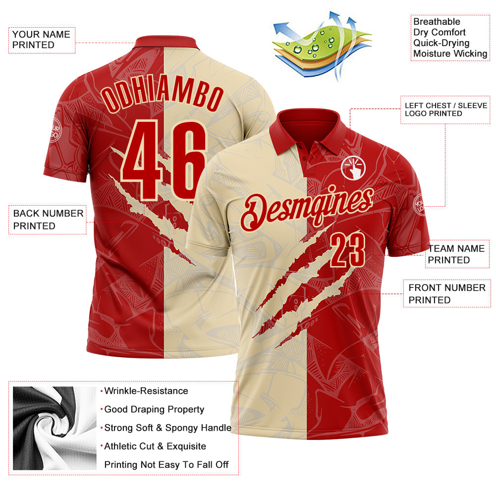 Custom Graffiti Pattern Red-Cream 3D Scratch Performance Polo Shirt view 3