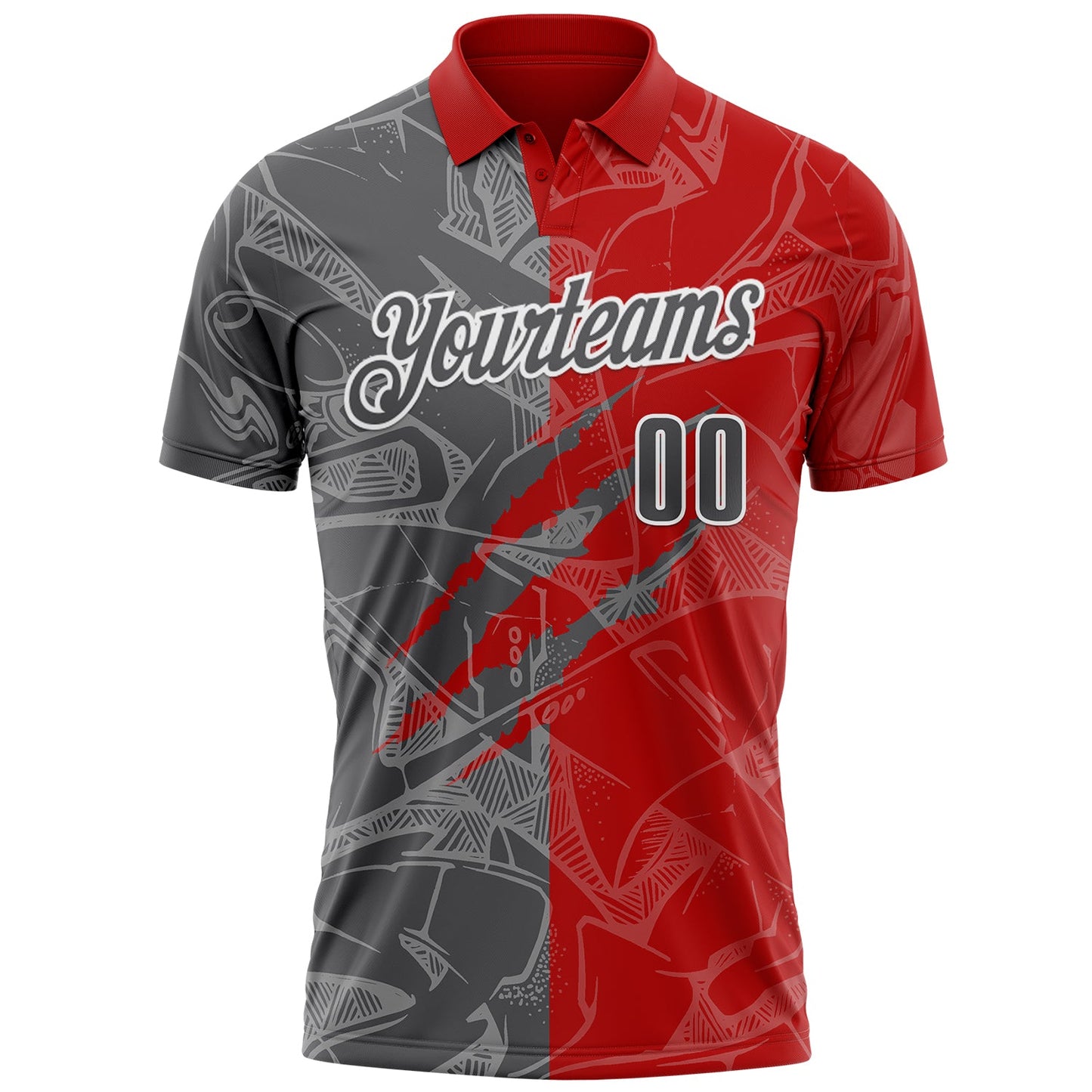 Custom Graffiti Pattern Steel Gray Red-White 3D Scratch Performance Polo Shirt view 2