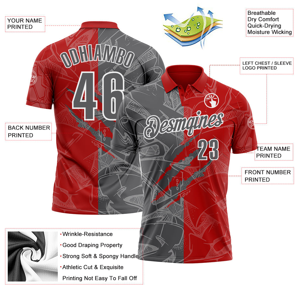 Custom Graffiti Pattern Steel Gray Red-White 3D Scratch Performance Polo Shirt view 3