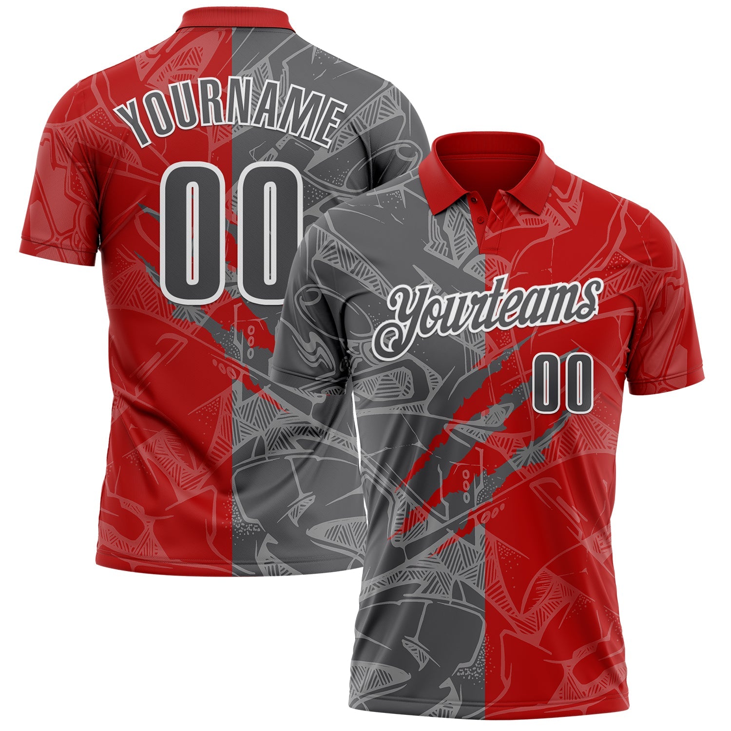 Custom Graffiti Pattern Steel Gray Red-White 3D Scratch Performance Polo Shirt - Main View