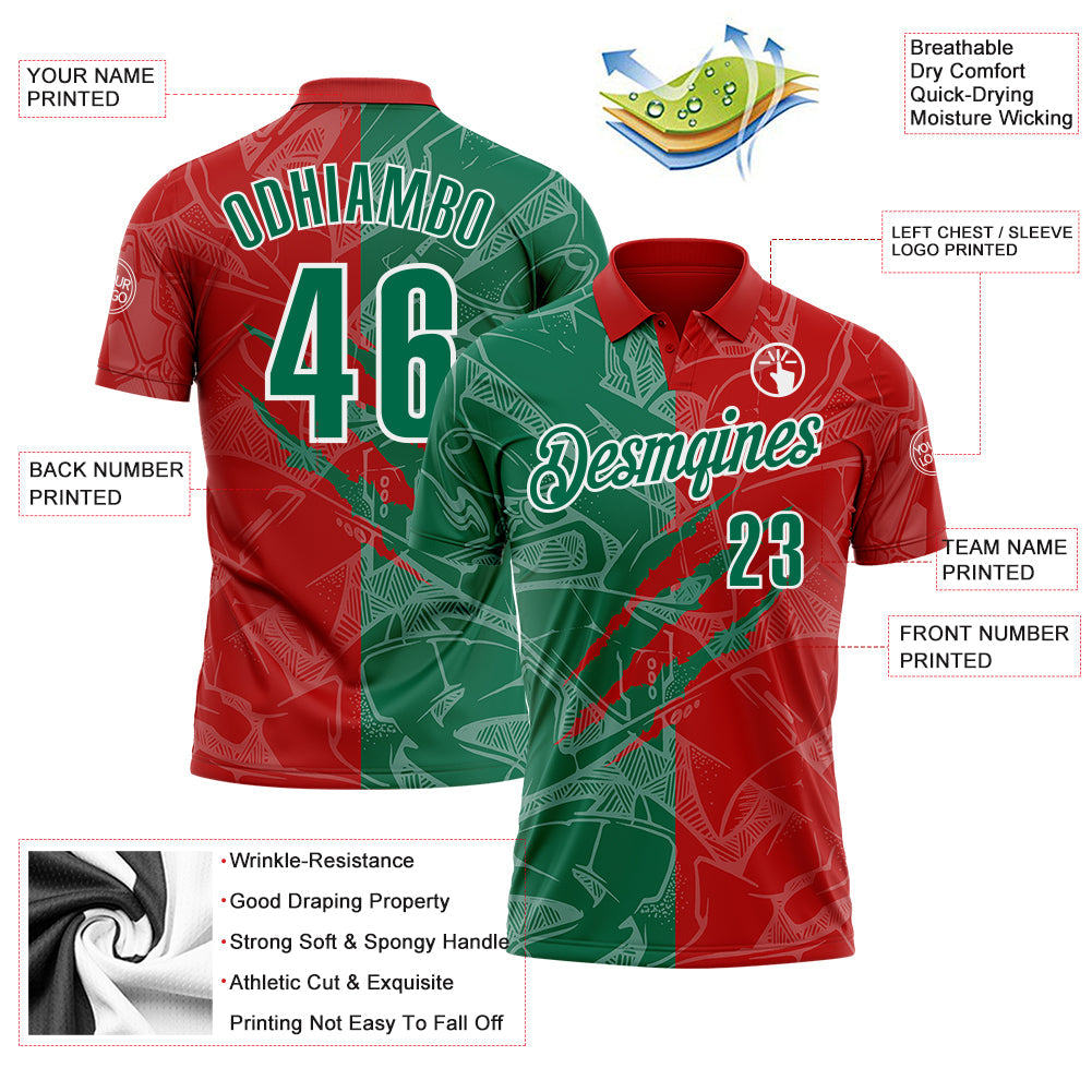 Custom Graffiti Pattern Kelly Green Red-White 3D Scratch Performance Polo Shirt view 3