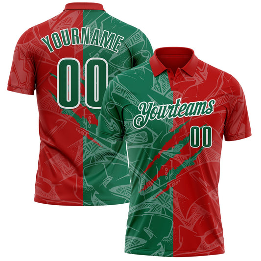 Custom Graffiti Pattern Kelly Green Red-White 3D Scratch Performance Polo Shirt - Main View