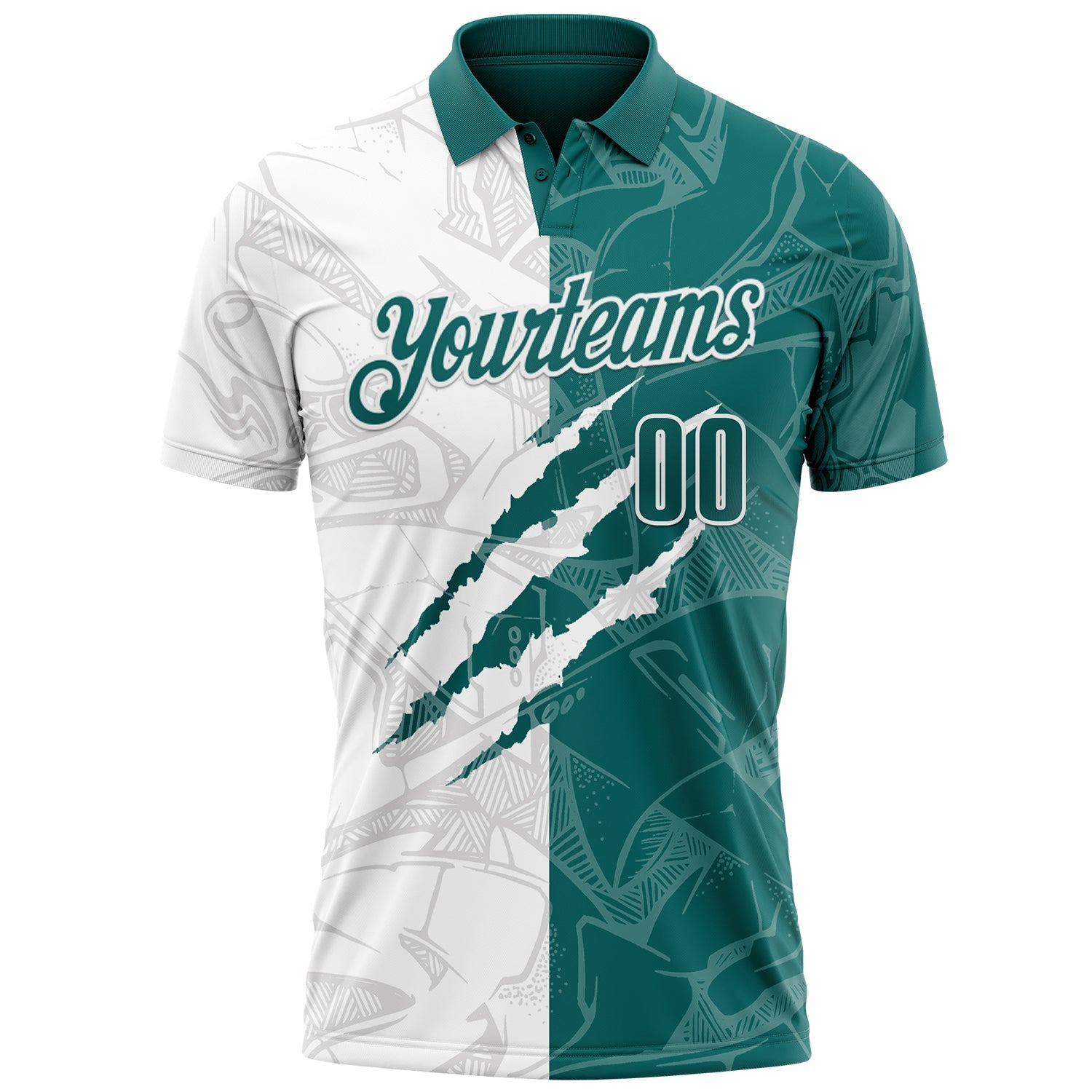 Custom Graffiti Pattern Teal-White 3D Scratch Performance Polo Shirt view 2