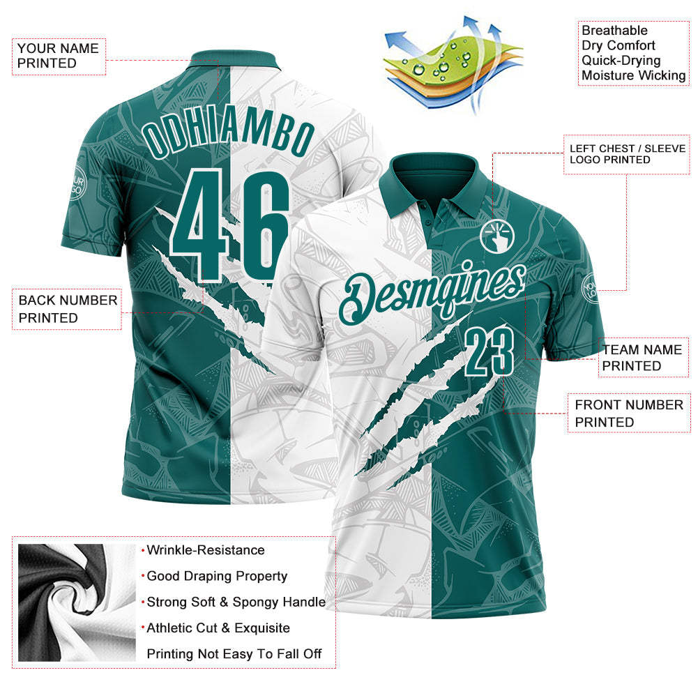 Custom Graffiti Pattern Teal-White 3D Scratch Performance Polo Shirt view 3