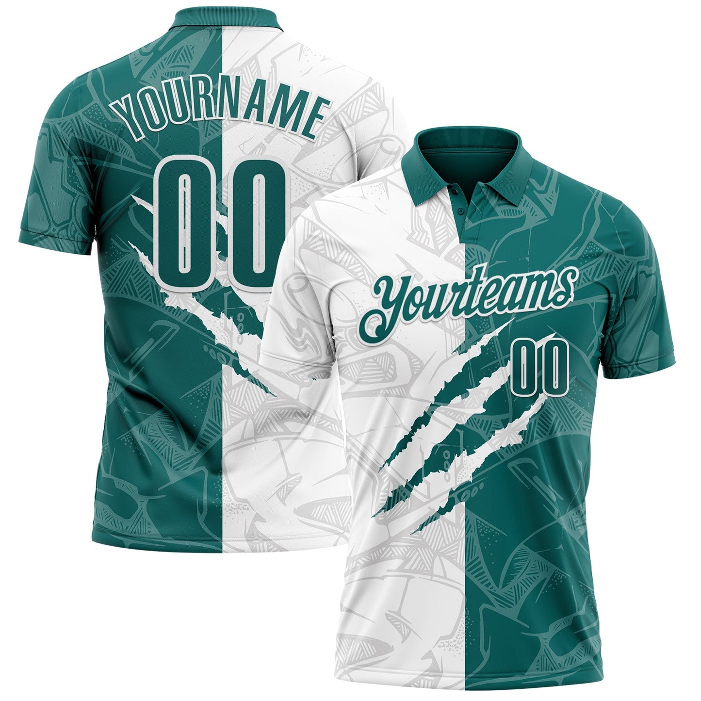 Custom Graffiti Pattern Teal-White 3D Scratch Performance Polo Shirt - Main View