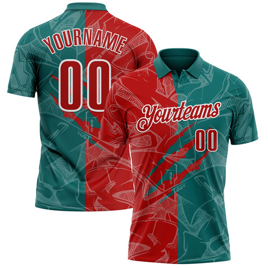 Custom Graffiti Pattern Red Teal-White 3D Scratch Performance Polo Shirt - Main View