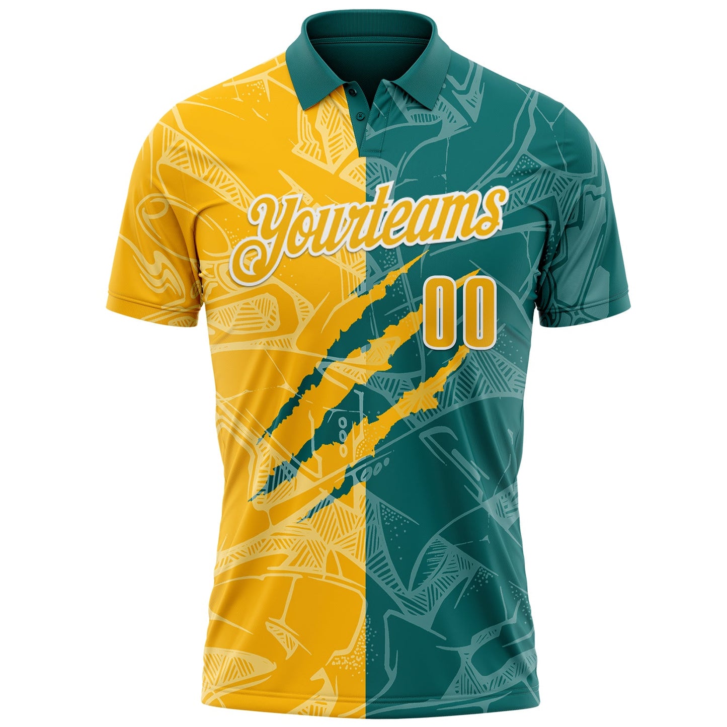 Custom Graffiti Pattern Gold Teal-White 3D Scratch Performance Polo Shirt view 2