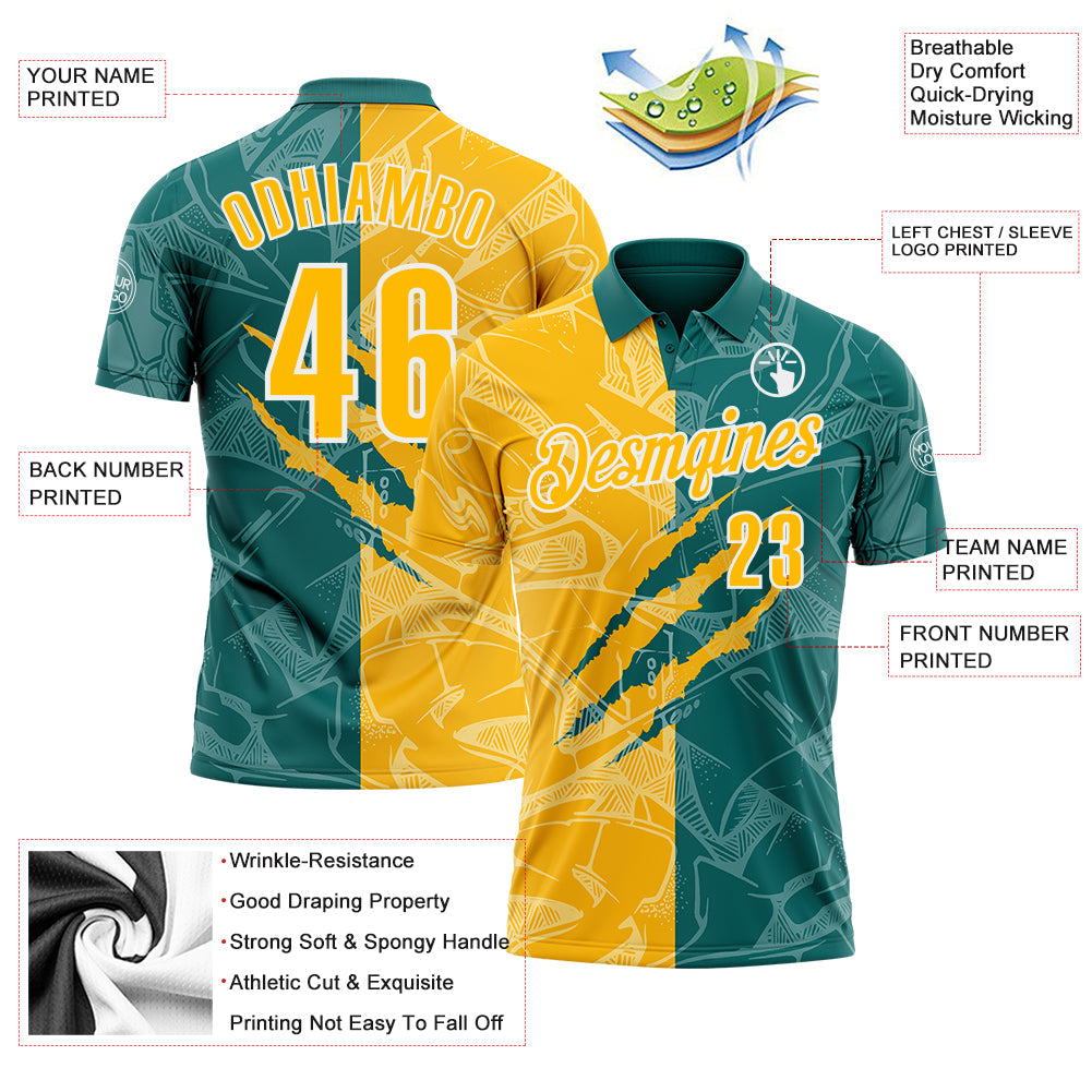 Custom Graffiti Pattern Gold Teal-White 3D Scratch Performance Polo Shirt view 3