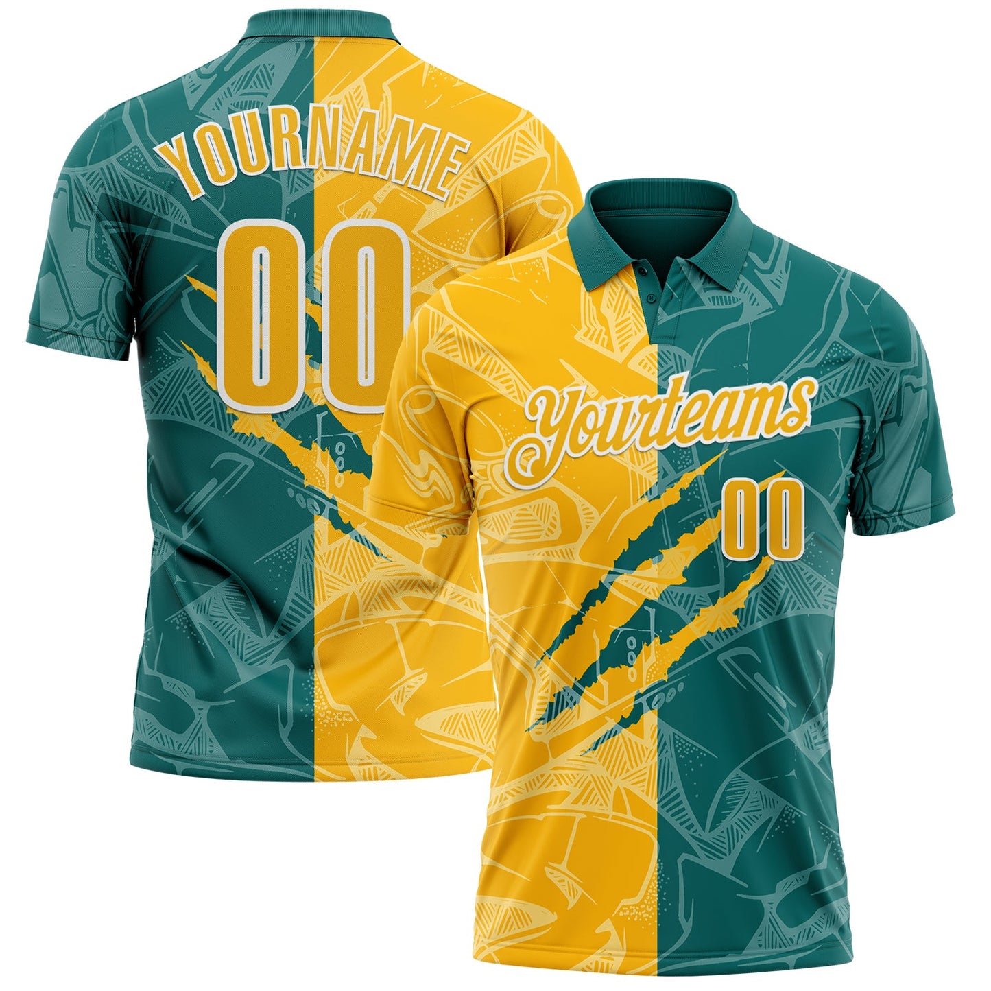 Custom Graffiti Pattern Gold Teal-White 3D Scratch Performance Polo Shirt - Main View