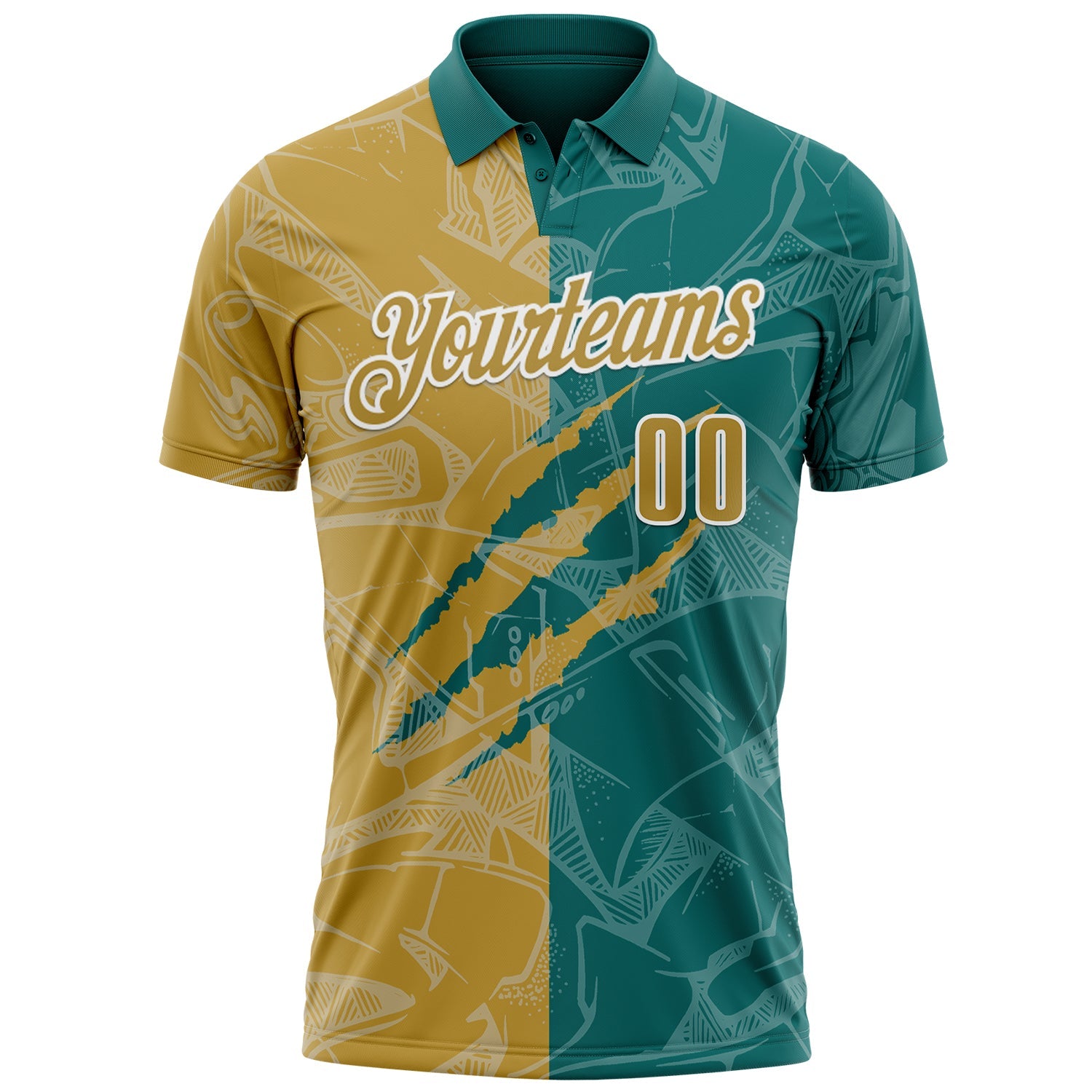Custom Graffiti Pattern Old Gold Teal-White 3D Scratch Performance Polo Shirt view 2
