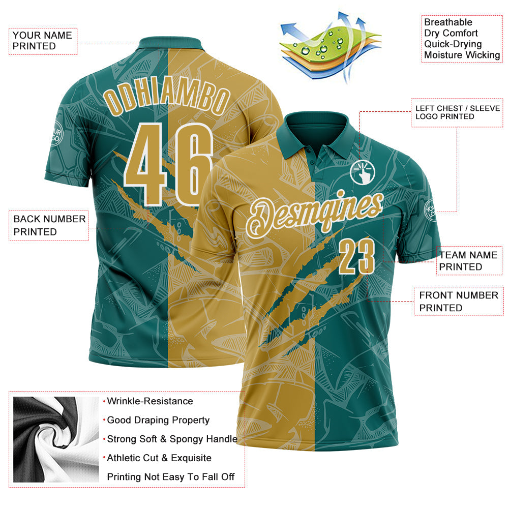 Custom Graffiti Pattern Old Gold Teal-White 3D Scratch Performance Polo Shirt view 3