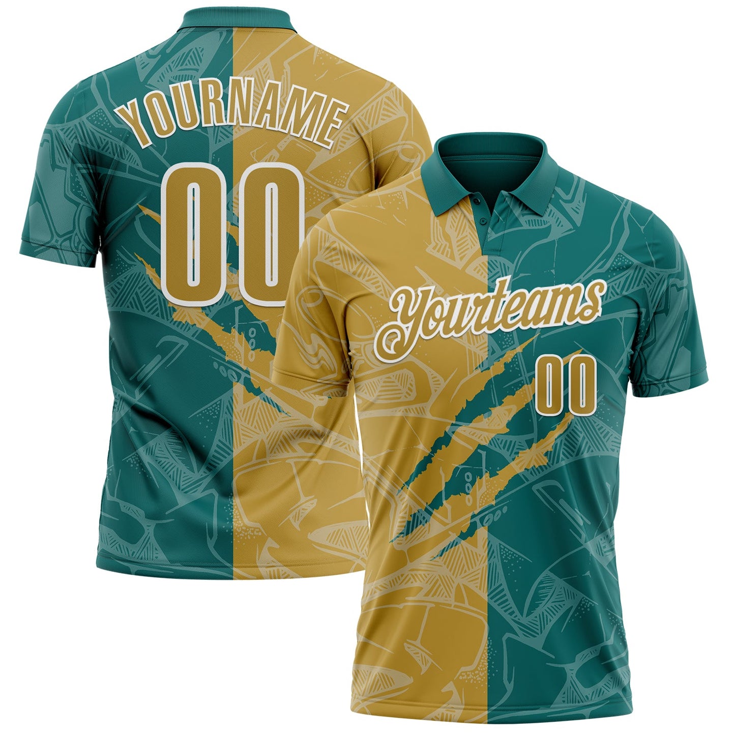 Custom Graffiti Pattern Old Gold Teal-White 3D Scratch Performance Polo Shirt - Main View