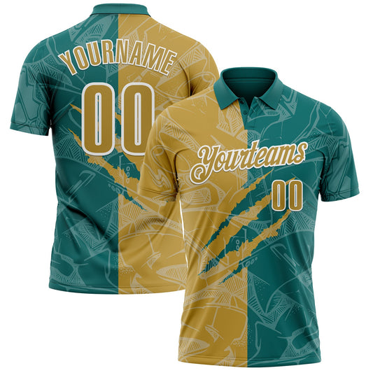 Custom Graffiti Pattern Old Gold Teal-White 3D Scratch Performance Polo Shirt - Main View