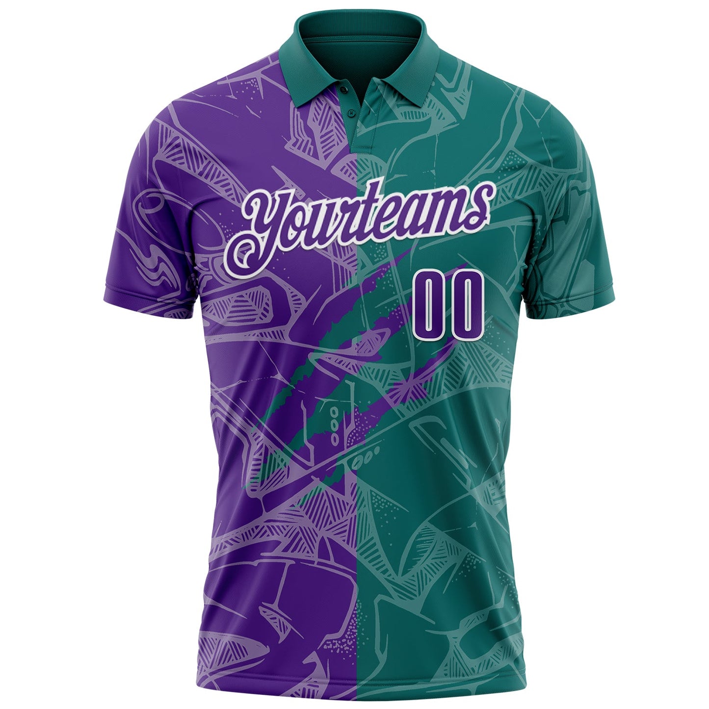 Custom Graffiti Pattern Purple Teal-White 3D Scratch Performance Polo Shirt view 2