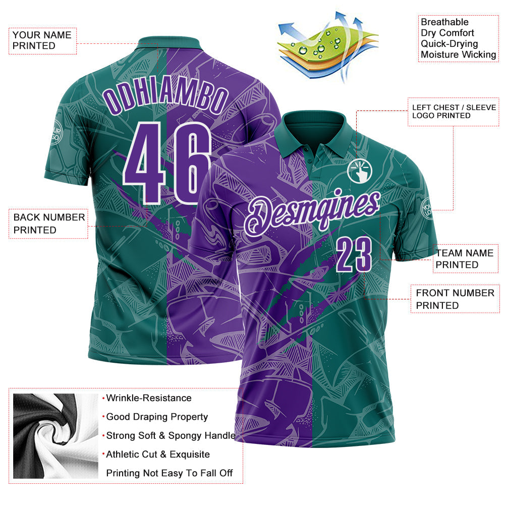 Custom Graffiti Pattern Purple Teal-White 3D Scratch Performance Polo Shirt view 3