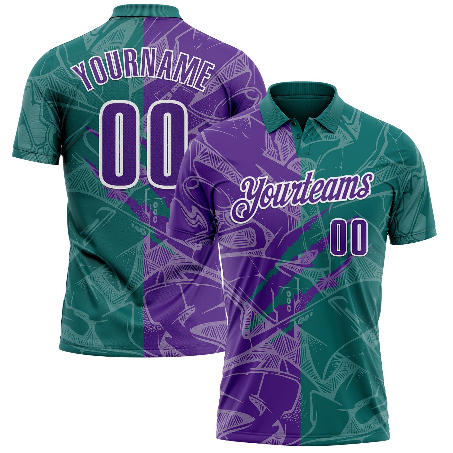 Custom Graffiti Pattern Purple Teal-White 3D Scratch Performance Polo Shirt - Main View