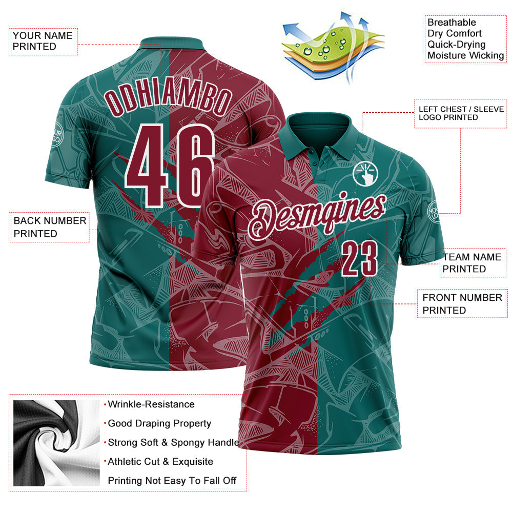 Custom Graffiti Pattern Crimson Teal-White 3D Scratch Performance Polo Shirt view 3