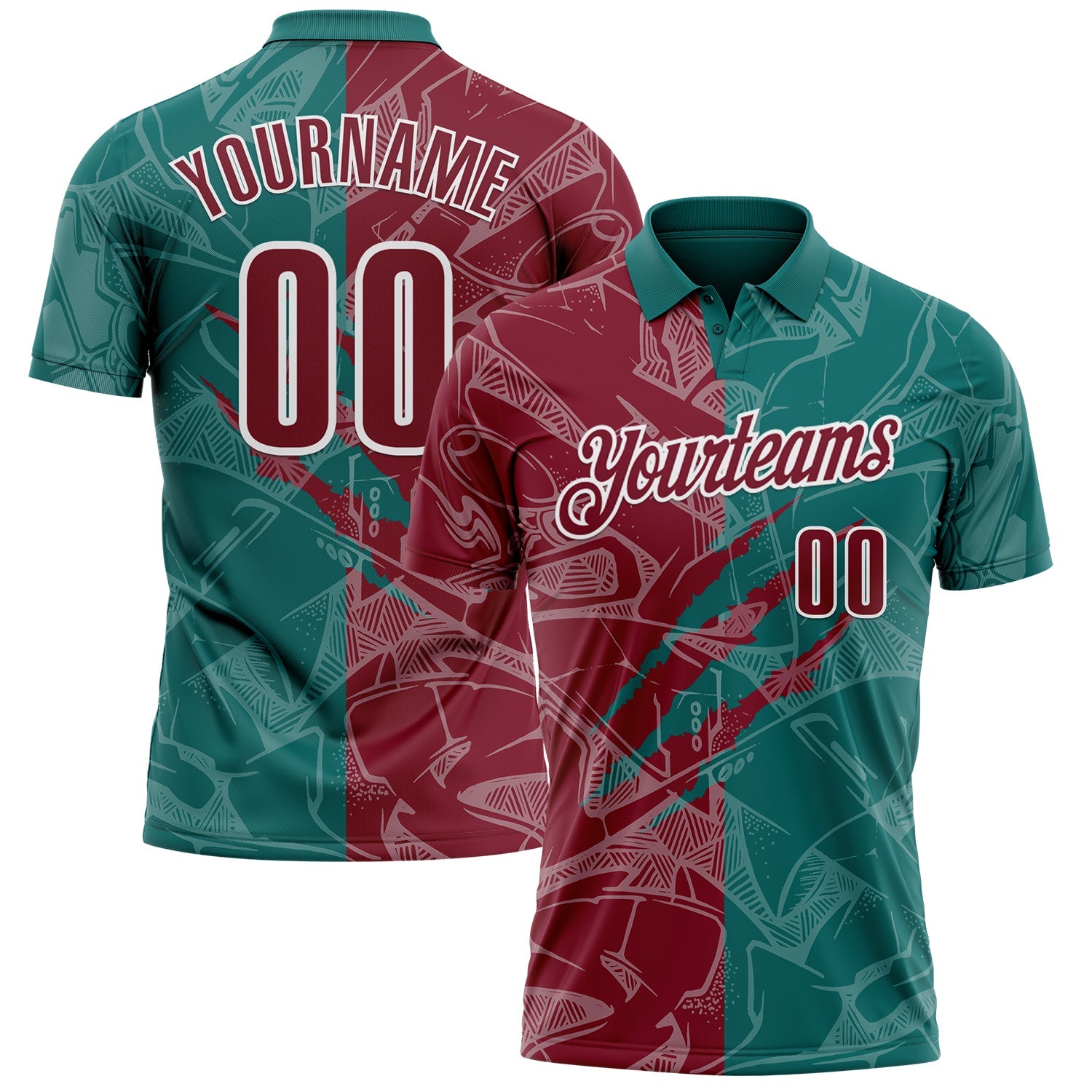 Custom Graffiti Pattern Crimson Teal-White 3D Scratch Performance Polo Shirt - Main View