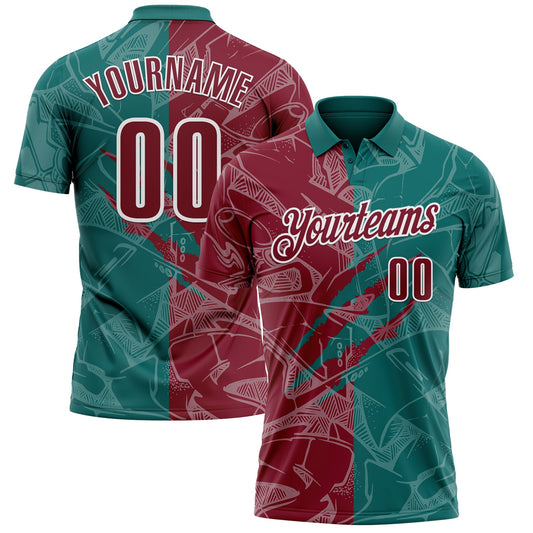 Custom Graffiti Pattern Crimson Teal-White 3D Scratch Performance Polo Shirt - Main View