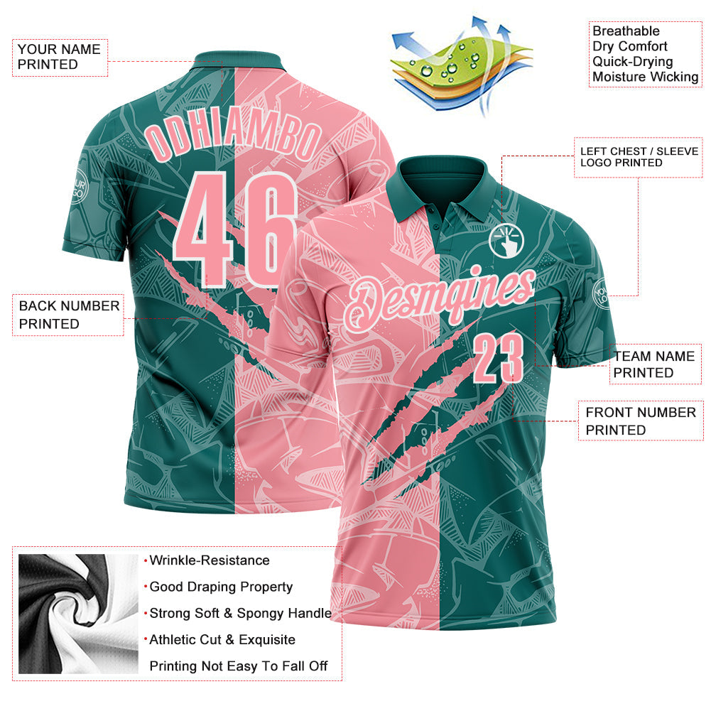 Custom Graffiti Pattern Medium Pink Teal-White 3D Scratch Performance Polo Shirt view 3