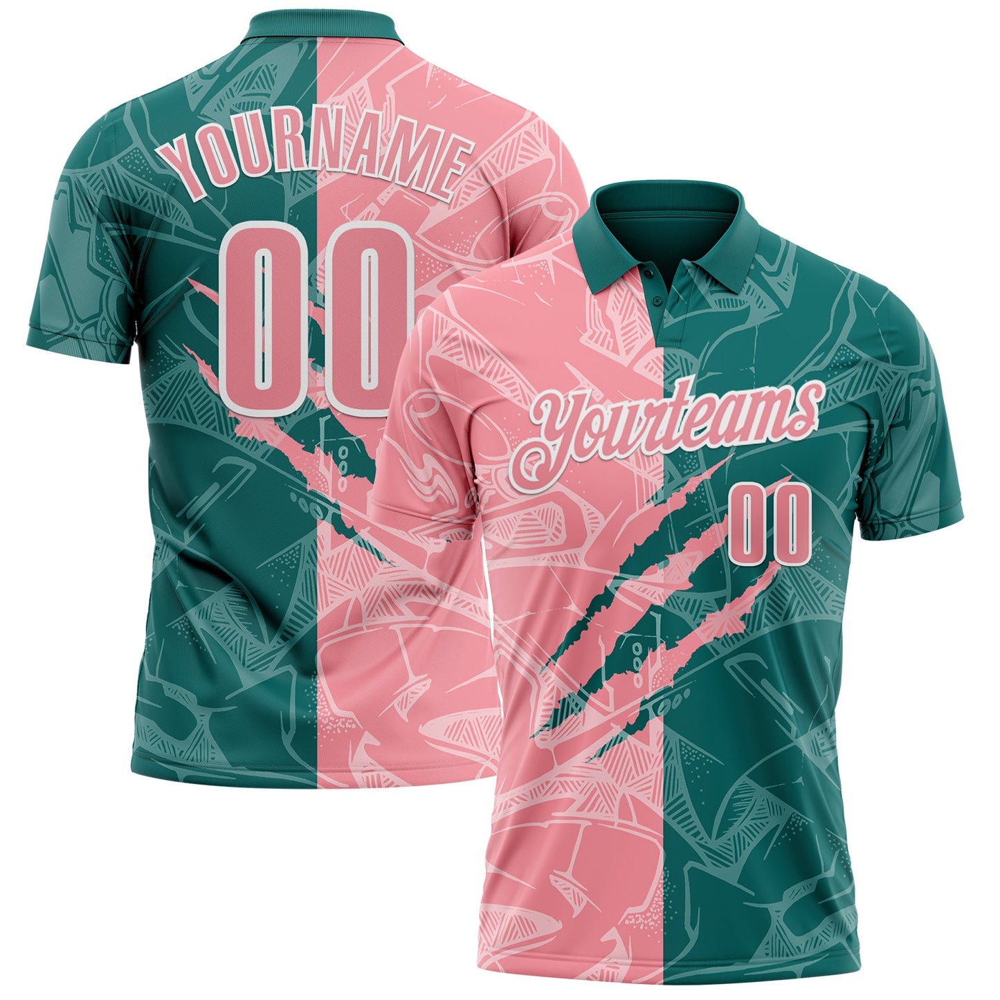 Custom Graffiti Pattern Medium Pink Teal-White 3D Scratch Performance Polo Shirt - Main View