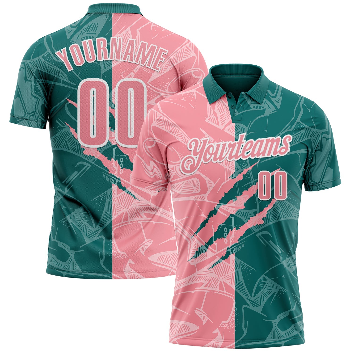 Custom Graffiti Pattern Medium Pink Teal-White 3D Scratch Performance Polo Shirt - Main View