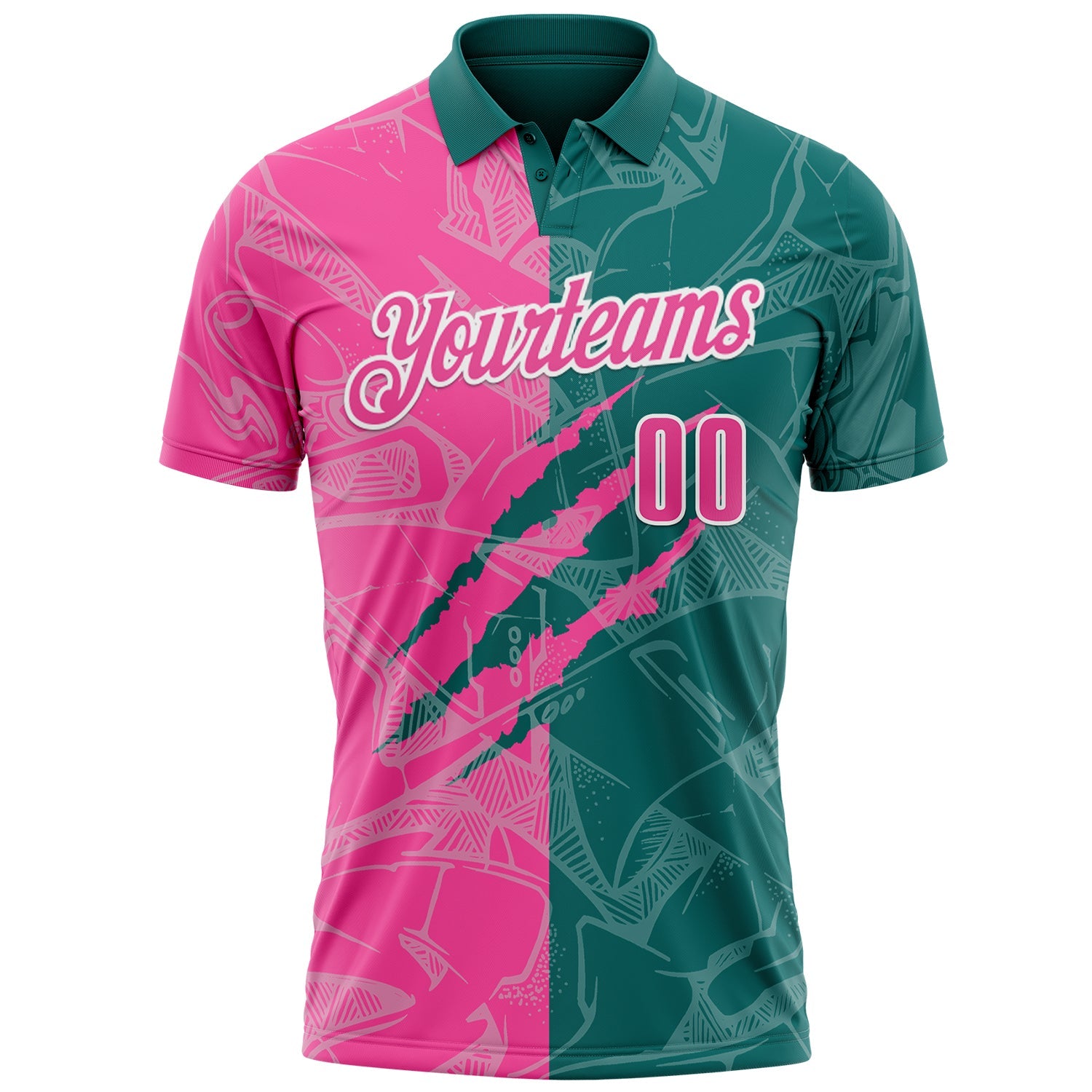 Custom Graffiti Pattern Pink Teal-White 3D Scratch Performance Polo Shirt view 2