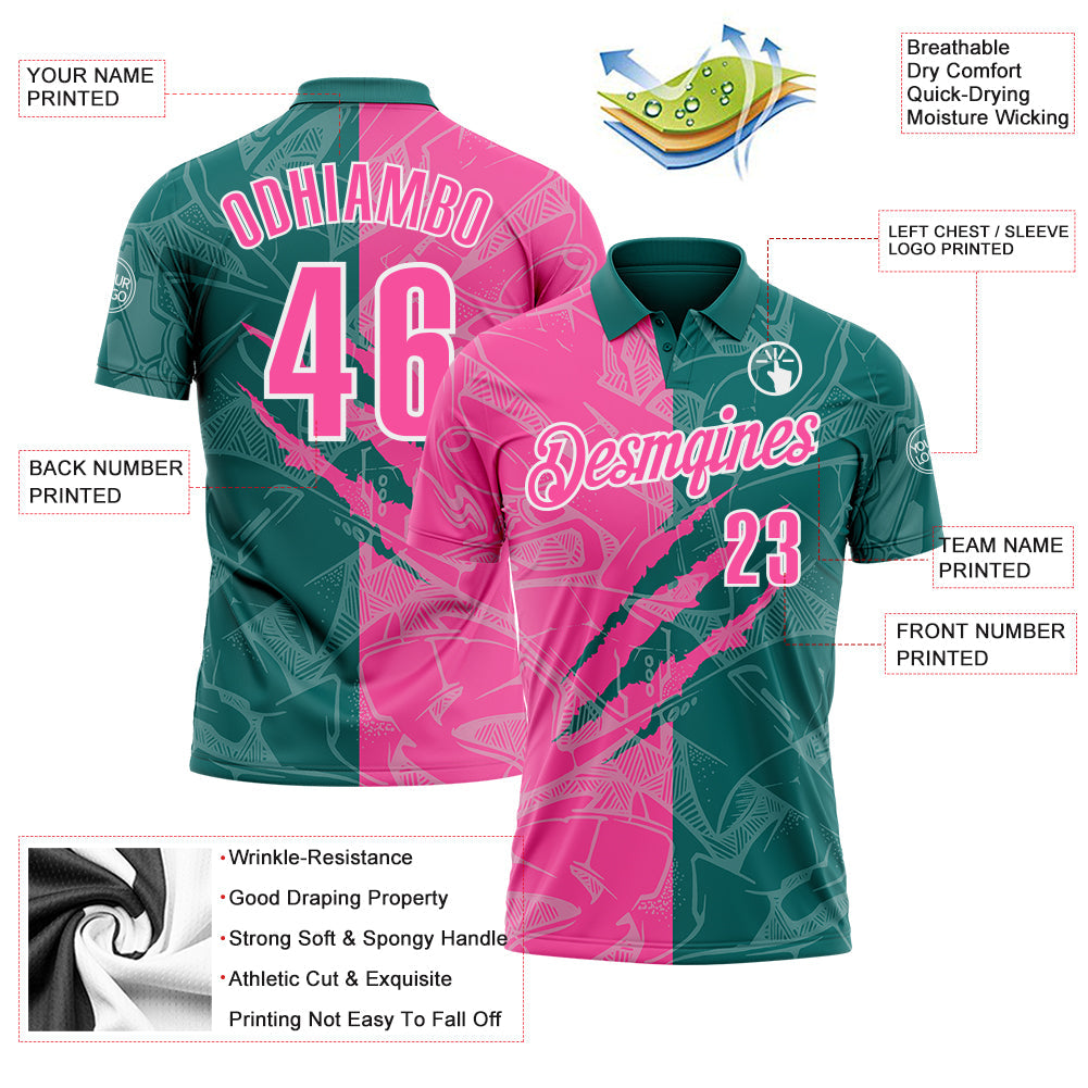 Custom Graffiti Pattern Pink Teal-White 3D Scratch Performance Polo Shirt view 3