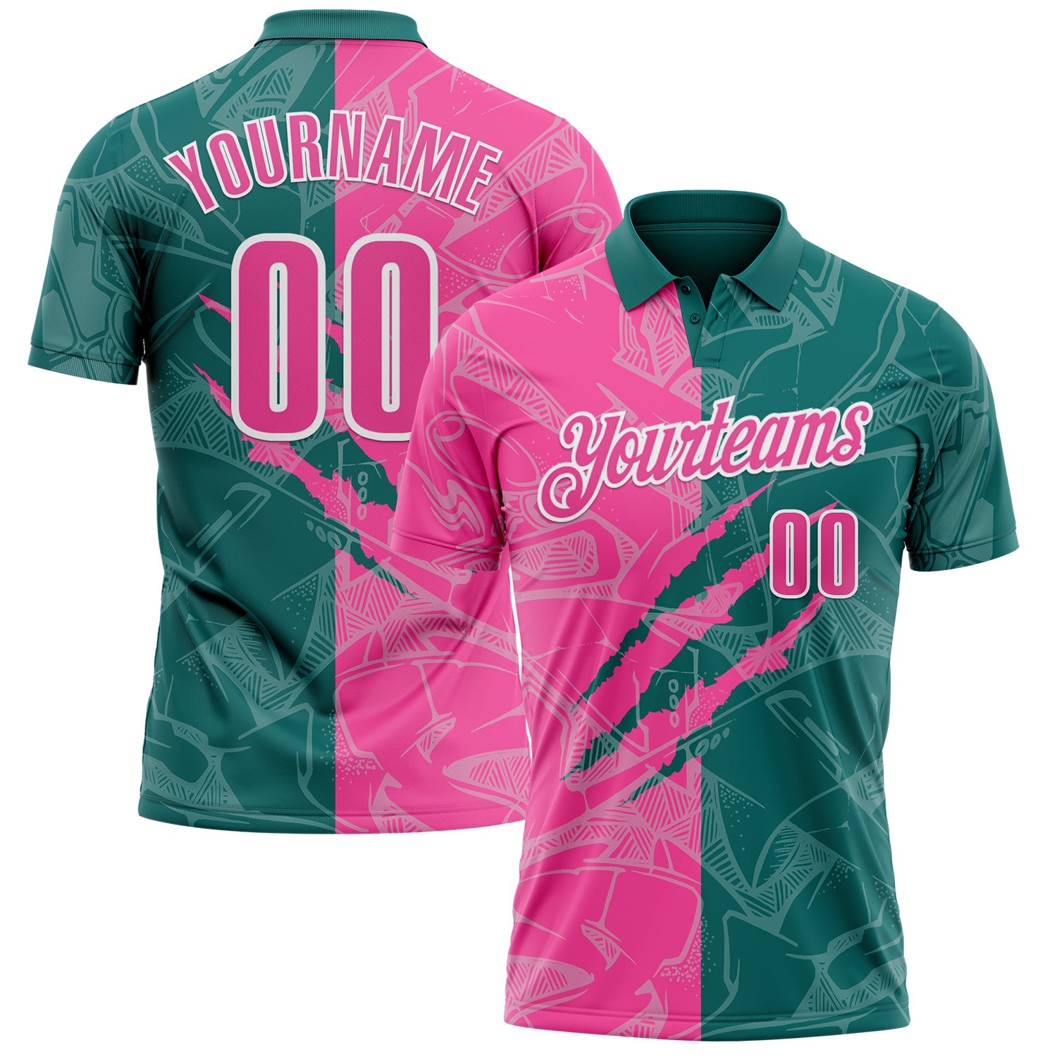 Custom Graffiti Pattern Pink Teal-White 3D Scratch Performance Polo Shirt - Main View