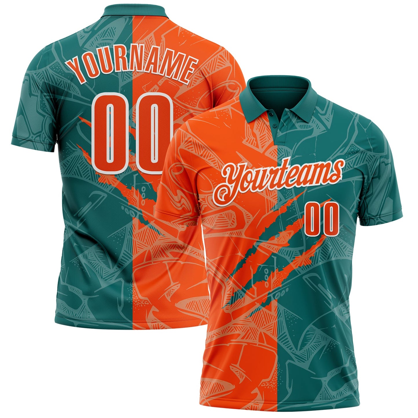 Custom Graffiti Pattern Orange Teal-White 3D Scratch Performance Polo Shirt - Main View