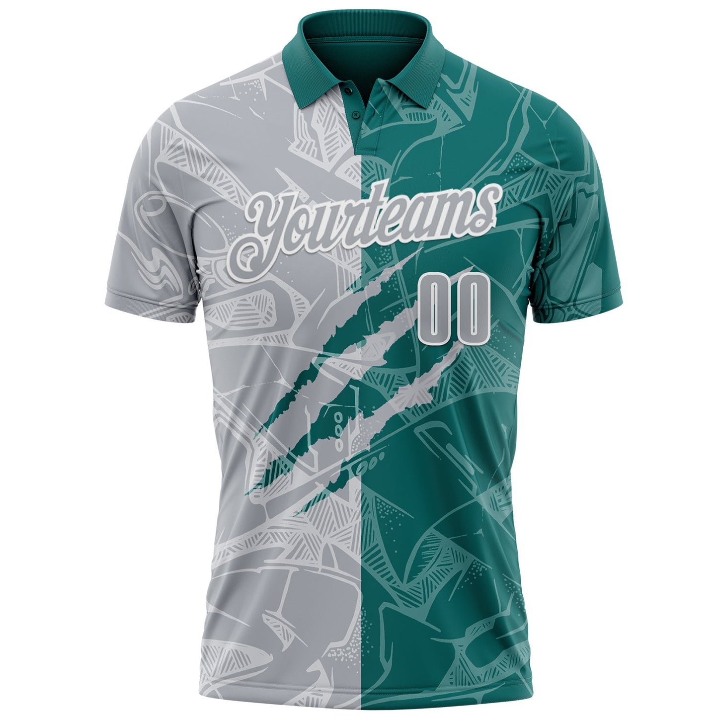 Custom Graffiti Pattern Gray Teal-White 3D Scratch Performance Polo Shirt view 2
