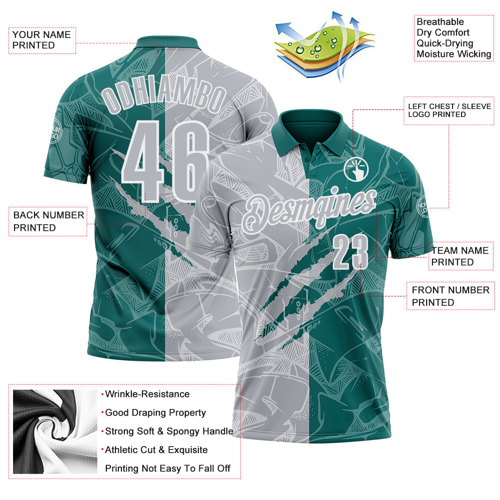 Custom Graffiti Pattern Gray Teal-White 3D Scratch Performance Polo Shirt view 3