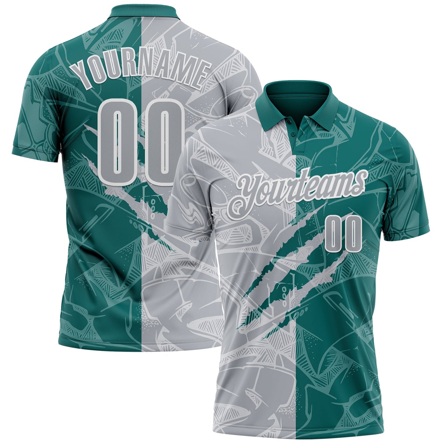 Custom Graffiti Pattern Gray Teal-White 3D Scratch Performance Polo Shirt - Main View