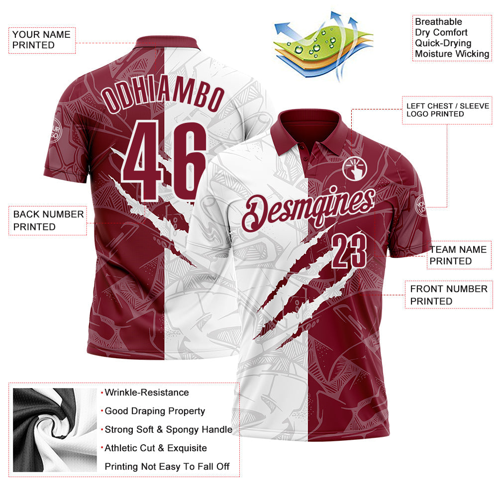 Custom Graffiti Pattern Crimson-White 3D Scratch Performance Polo Shirt view 3
