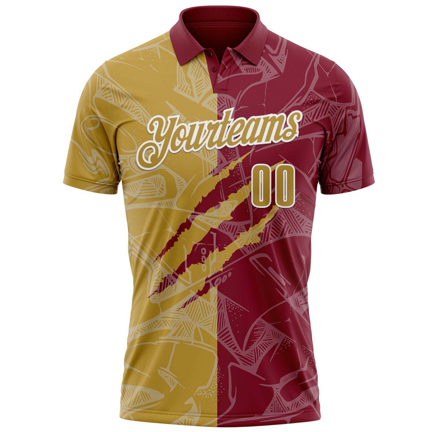 Custom Graffiti Pattern Old Gold Crimson-White 3D Scratch Performance Polo Shirt view 2