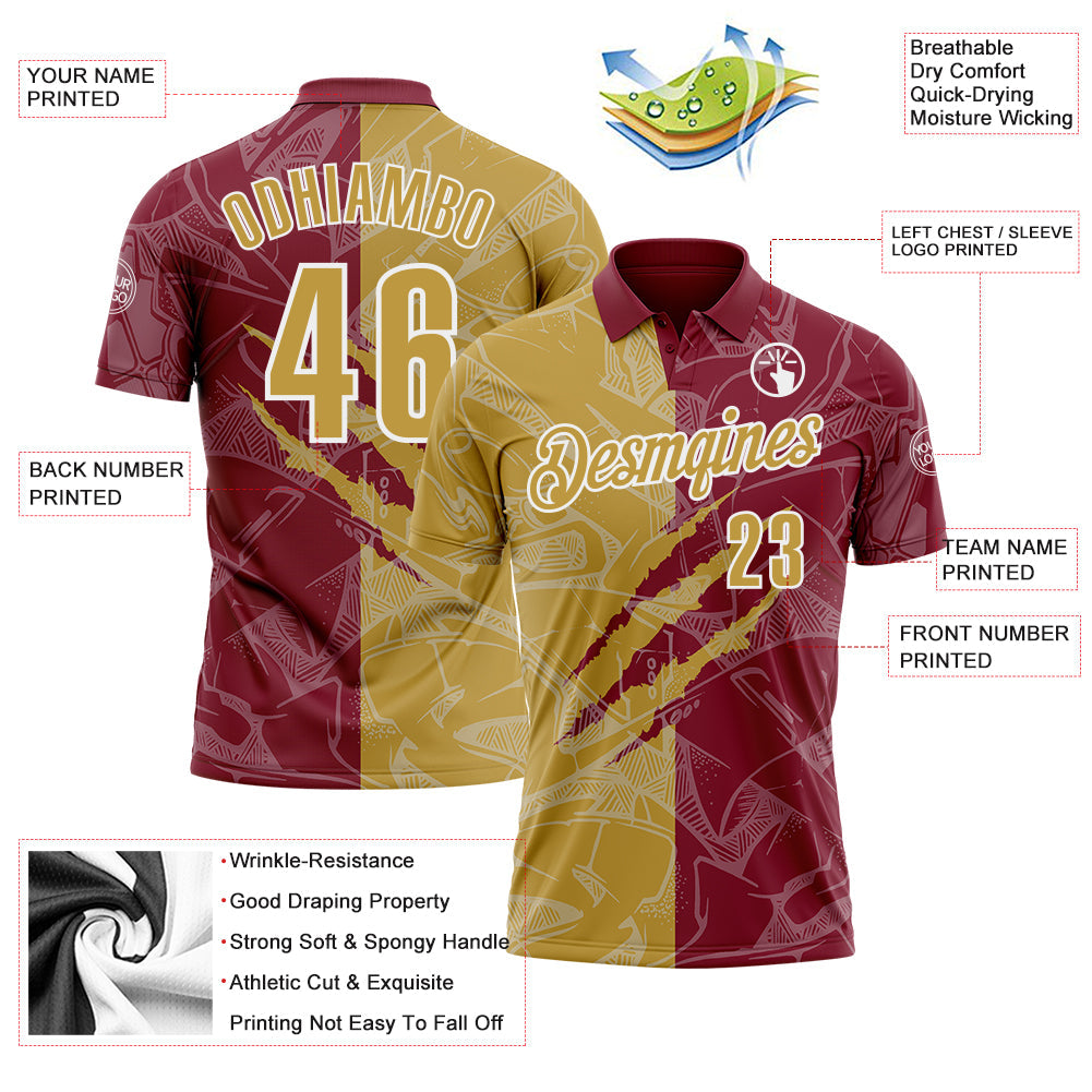 Custom Graffiti Pattern Old Gold Crimson-White 3D Scratch Performance Polo Shirt view 3