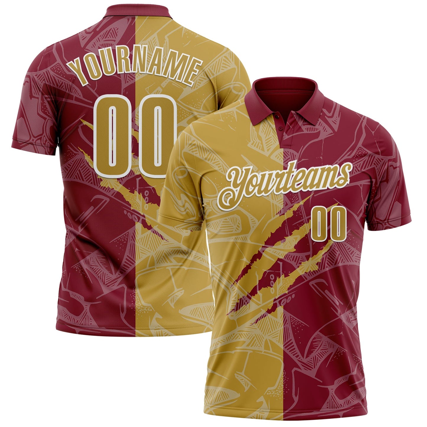 Custom Graffiti Pattern Old Gold Crimson-White 3D Scratch Performance Polo Shirt - Main View