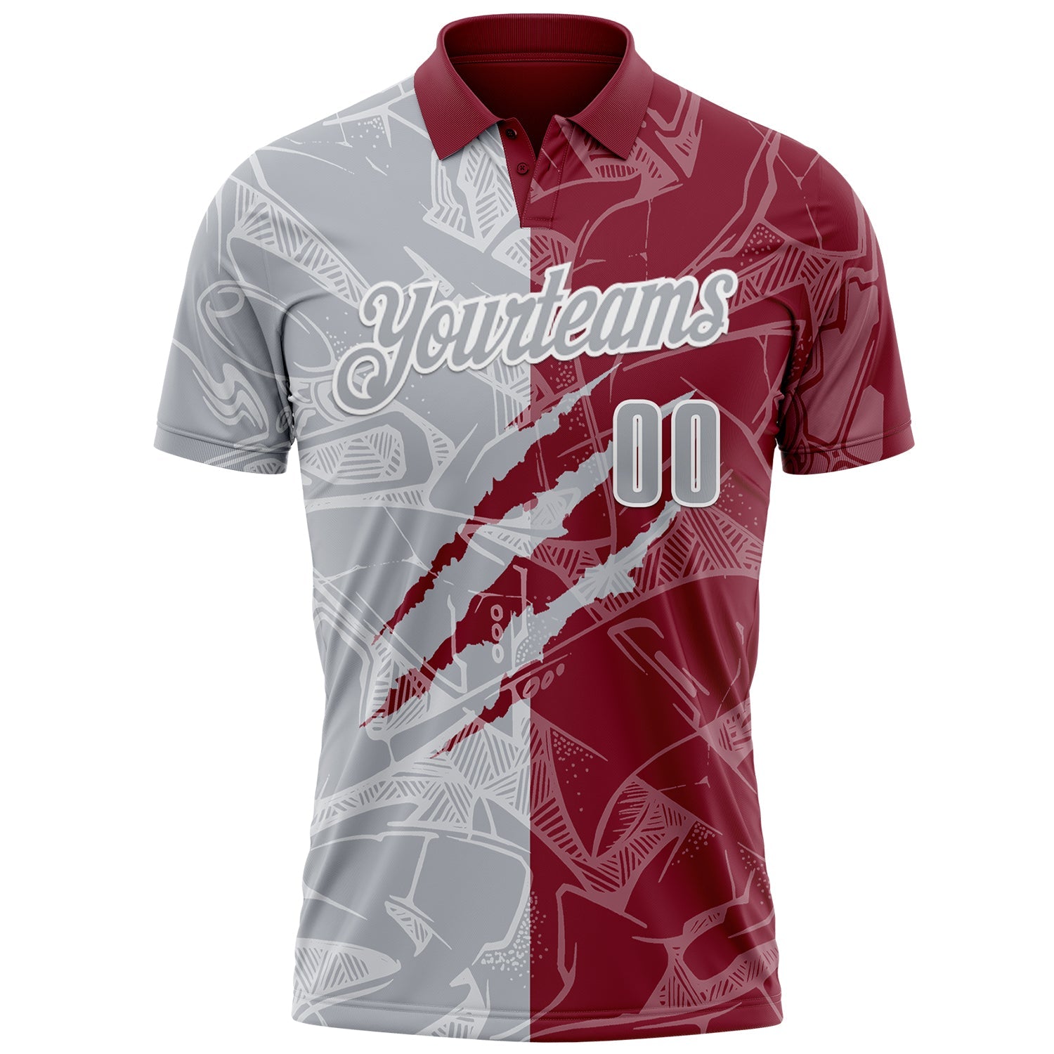 Custom Graffiti Pattern Gray Crimson-White 3D Scratch Performance Polo Shirt view 2