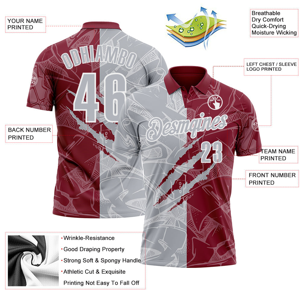 Custom Graffiti Pattern Gray Crimson-White 3D Scratch Performance Polo Shirt view 3