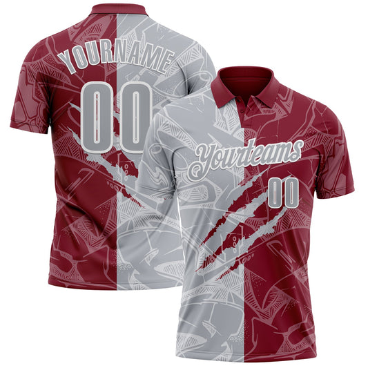 Custom Graffiti Pattern Gray Crimson-White 3D Scratch Performance Polo Shirt - Main View
