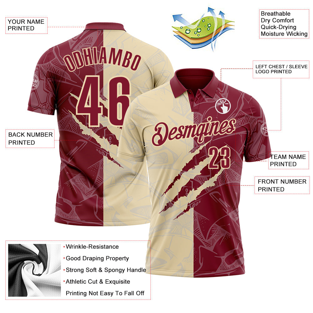 Custom Graffiti Pattern Crimson-Cream 3D Scratch Performance Polo Shirt view 3