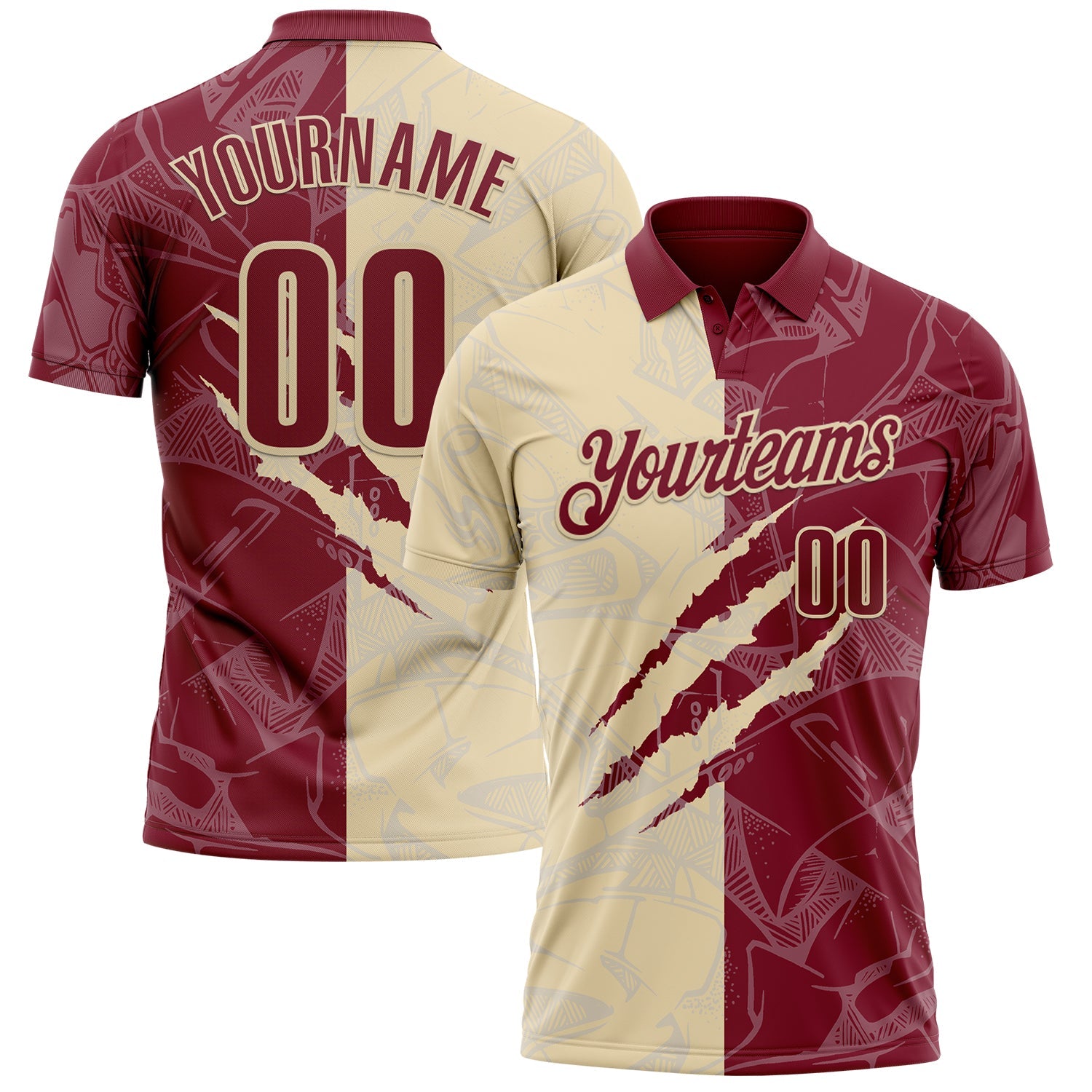 Custom Graffiti Pattern Crimson-Cream 3D Scratch Performance Polo Shirt - Main View