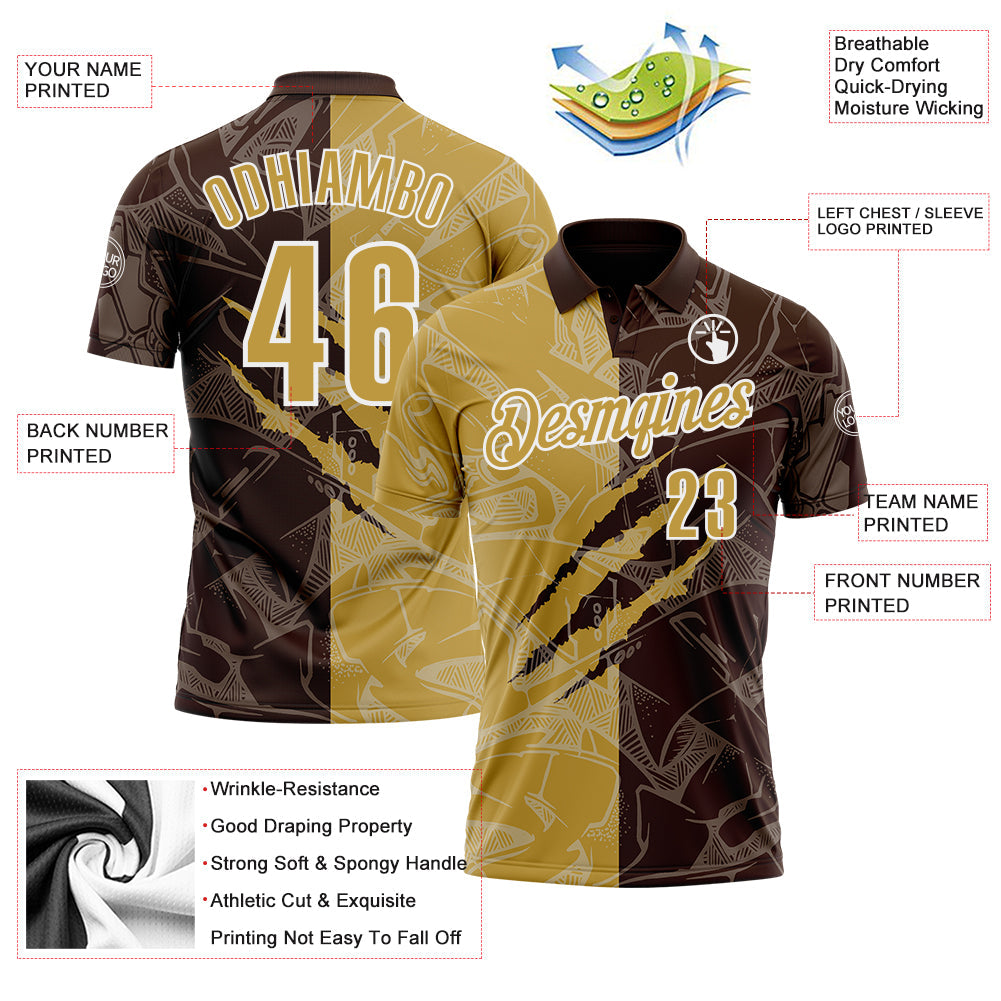 Custom Graffiti Pattern Old Gold Brown-White 3D Scratch Performance Polo Shirt view 3
