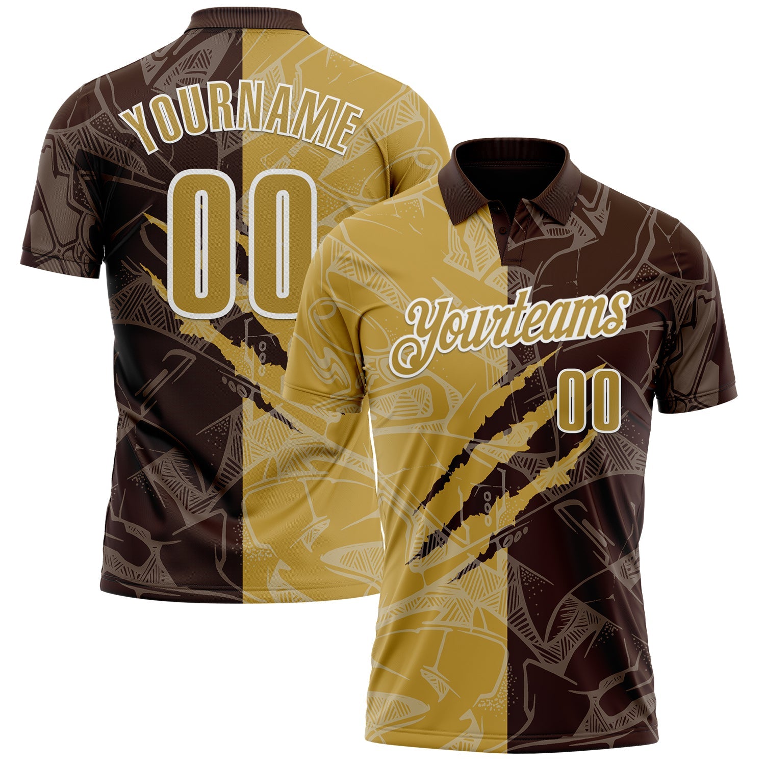 Custom Graffiti Pattern Old Gold Brown-White 3D Scratch Performance Polo Shirt - Main View