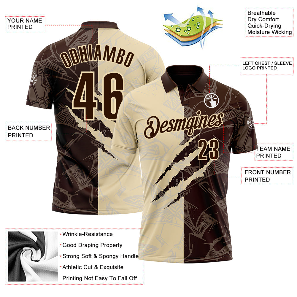 Custom Graffiti Pattern Brown-Cream 3D Scratch Performance Polo Shirt view 3