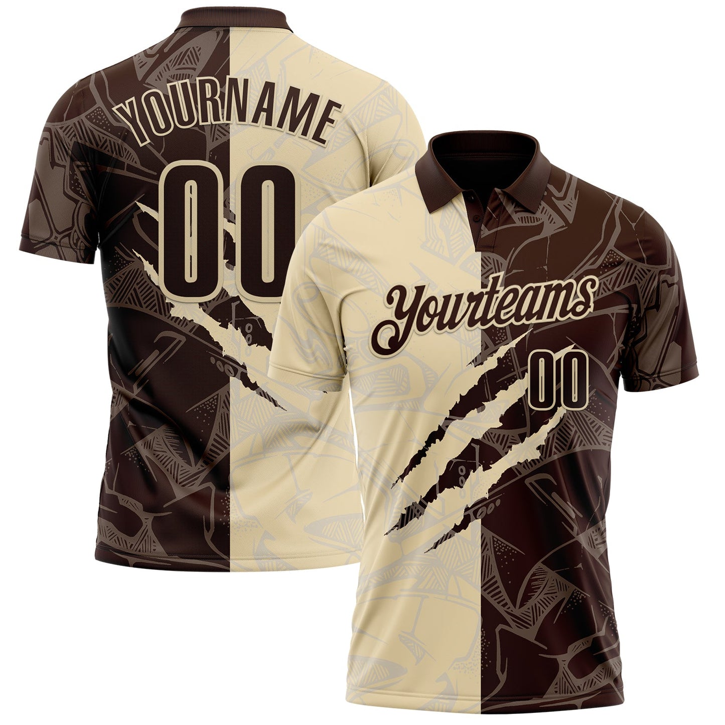 Custom Graffiti Pattern Brown-Cream 3D Scratch Performance Polo Shirt - Main View