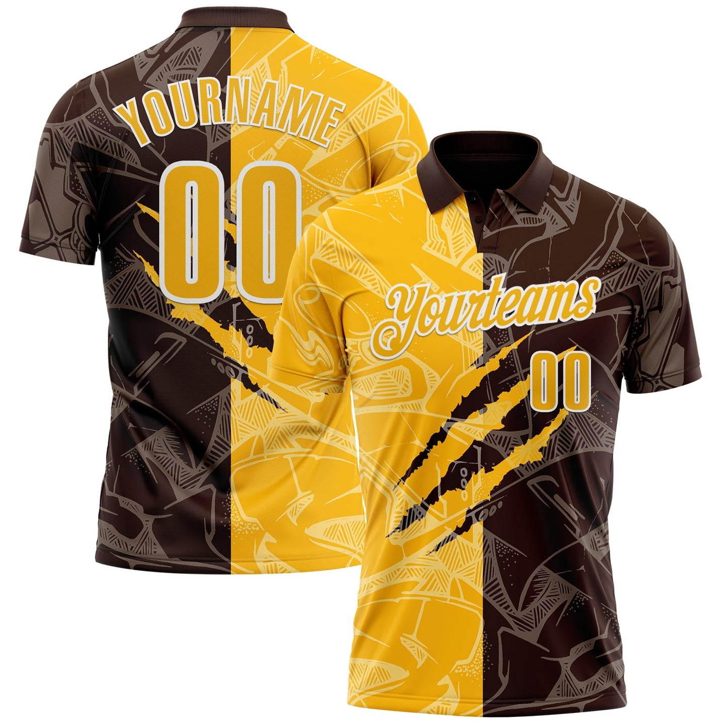 Custom Graffiti Pattern Gold Brown-White 3D Scratch Performance Polo Shirt - Main View