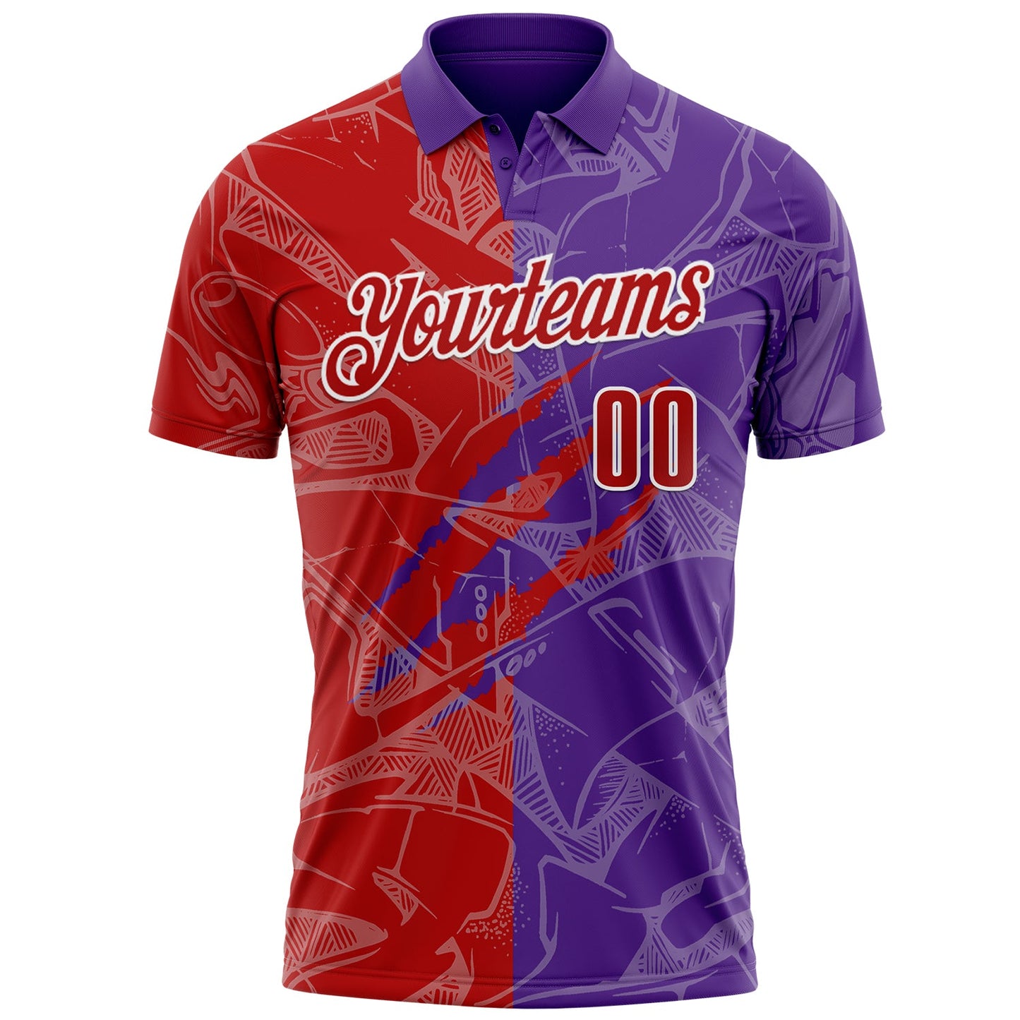 Custom Graffiti Pattern Red Purple-White 3D Scratch Performance Polo Shirt view 2